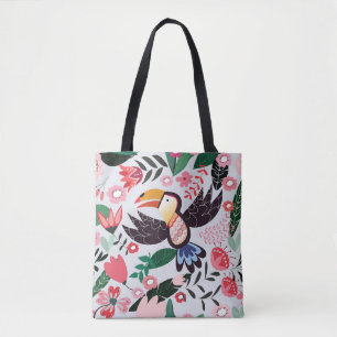 Tropical birds, floral doodle pattern. tote bag
