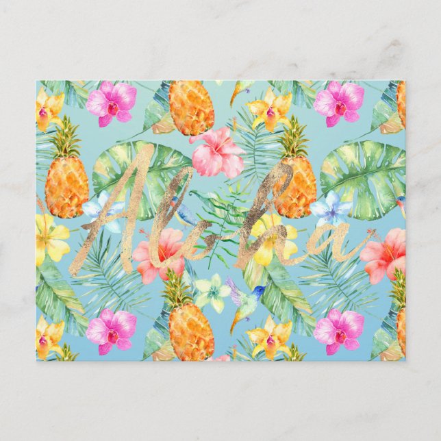 Tropical Birds Floral Gold Aloha Postcard (Front)