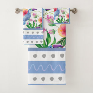 Tropical Birds & Flowers Contemporary Blue Shades  Bath Towel Set