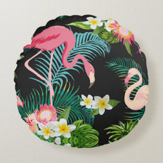 Tropical Birds Flowers Flamingo Watery Landscape Round Cushion