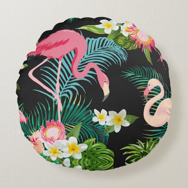 Tropical Birds Flowers Flamingo Watery Landscape Round Cushion (Front)