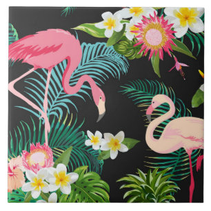 Tropical Birds Flowers Flamingo Watery Landscape Tile