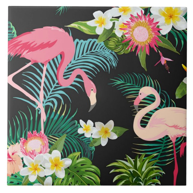 Tropical Birds Flowers Flamingo Watery Landscape Tile (Front)