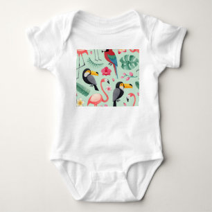 Tropical birds, flowers, watercolor pattern. baby bodysuit