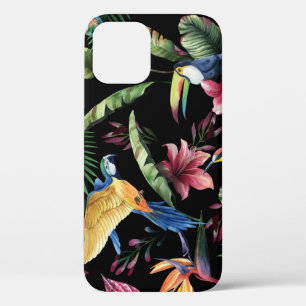 Tropical birds, flowers: watercolor pattern. iPhone 12 case
