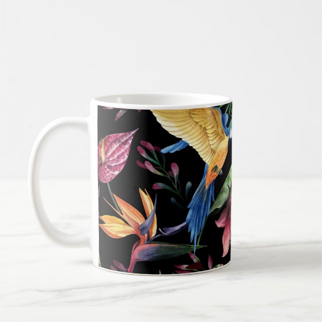 Tropical birds, flowers: watercolor pattern. coffee mug (Left)