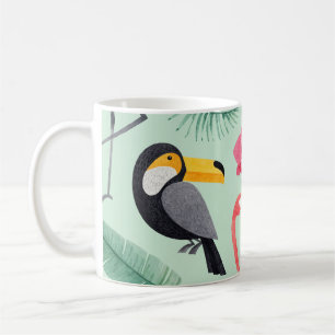 Tropical birds, flowers, watercolor pattern. coffee mug