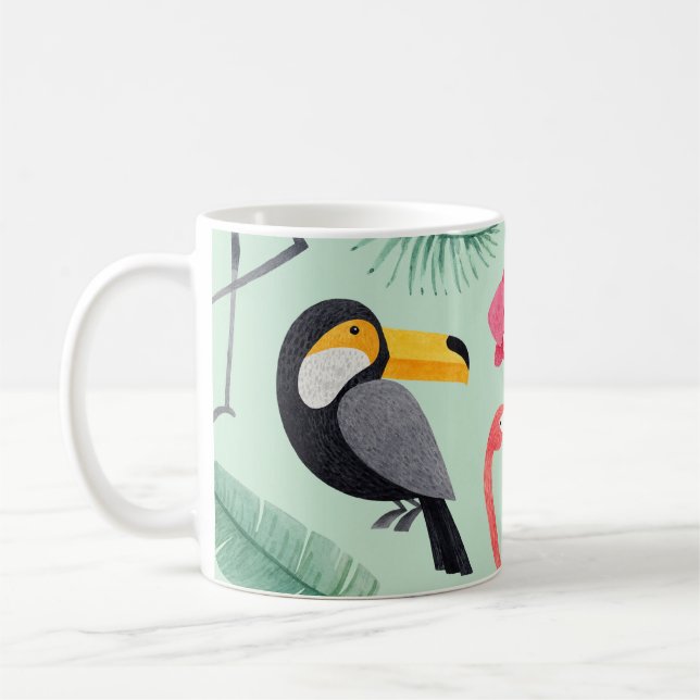 Tropical birds, flowers, watercolor pattern. coffee mug (Left)