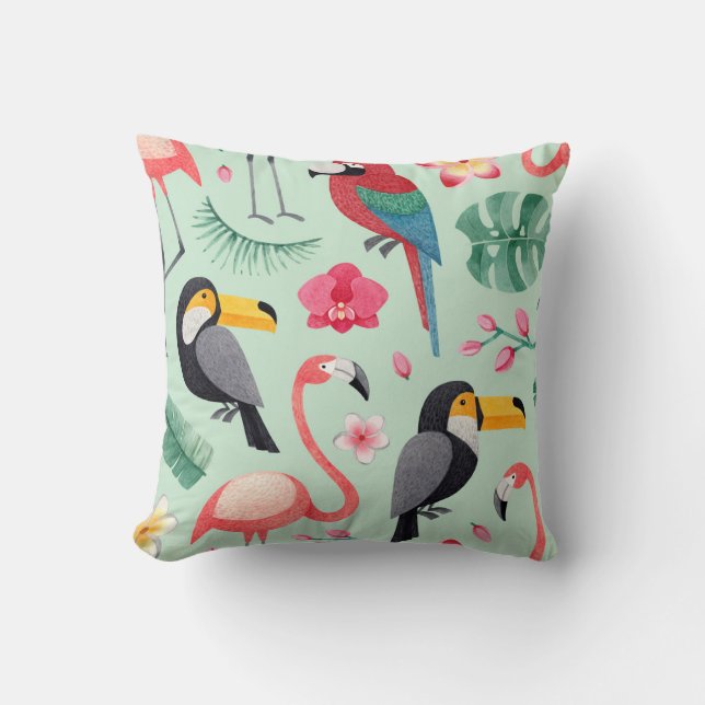 Tropical birds, flowers, watercolor pattern. cushion (Front)