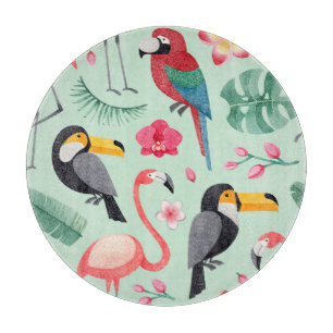 Tropical birds, flowers, watercolor pattern. cutting board