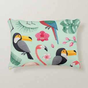 Tropical birds, flowers, watercolor pattern. decorative cushion