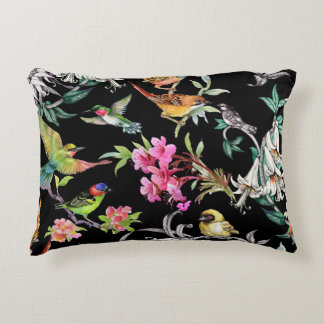 Tropical Birds Flowers: Watercolor Pattern Decorative Cushion
