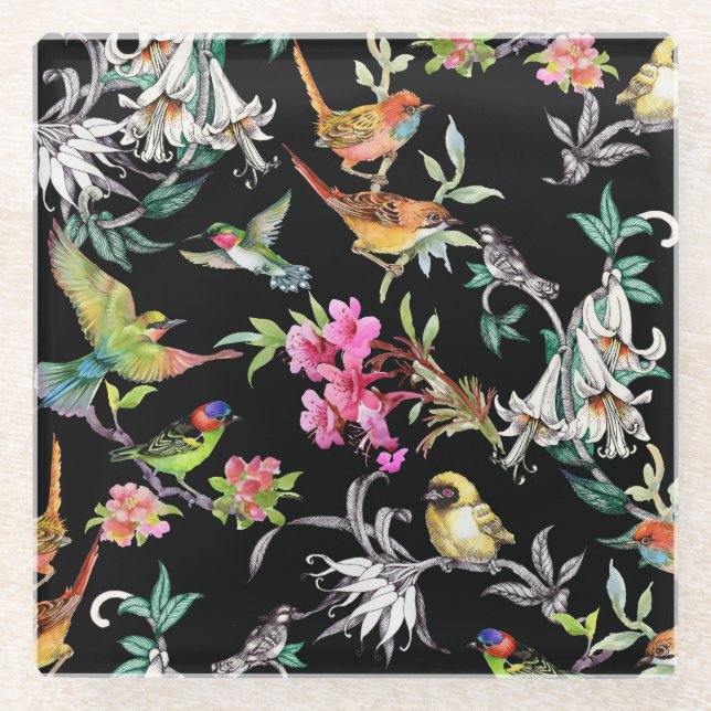 Tropical Birds Flowers: Watercolor Pattern Glass Coaster (Front)