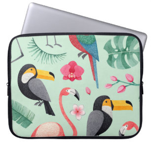 Tropical birds, flowers, watercolor pattern. laptop sleeve
