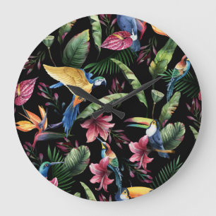 Tropical birds, flowers: watercolor pattern. large clock