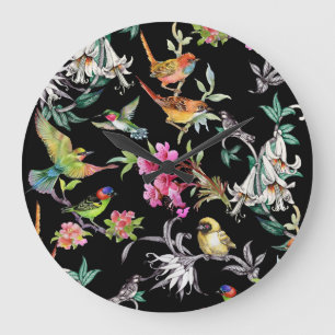 Tropical Birds Flowers: Watercolor Pattern Large Clock