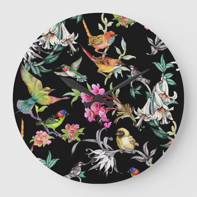 Tropical Birds Flowers: Watercolor Pattern Large Clock (Front)