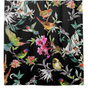 Tropical Birds Flowers: Watercolor Pattern Shower Curtain