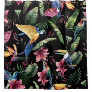 Tropical birds, flowers: watercolor pattern. shower curtain