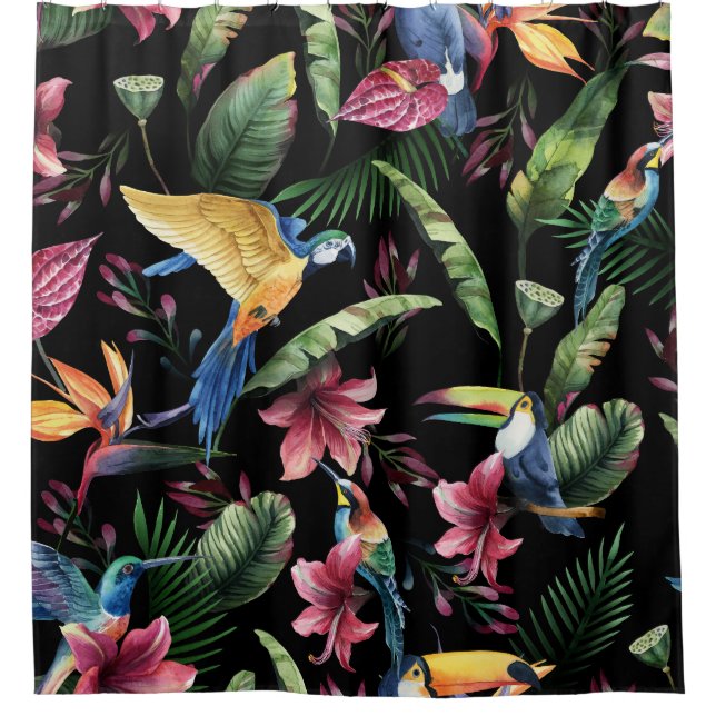 Tropical birds, flowers: watercolor pattern. shower curtain (Front)