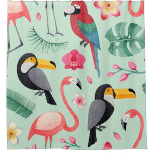 Tropical birds, flowers, watercolor pattern. shower curtain