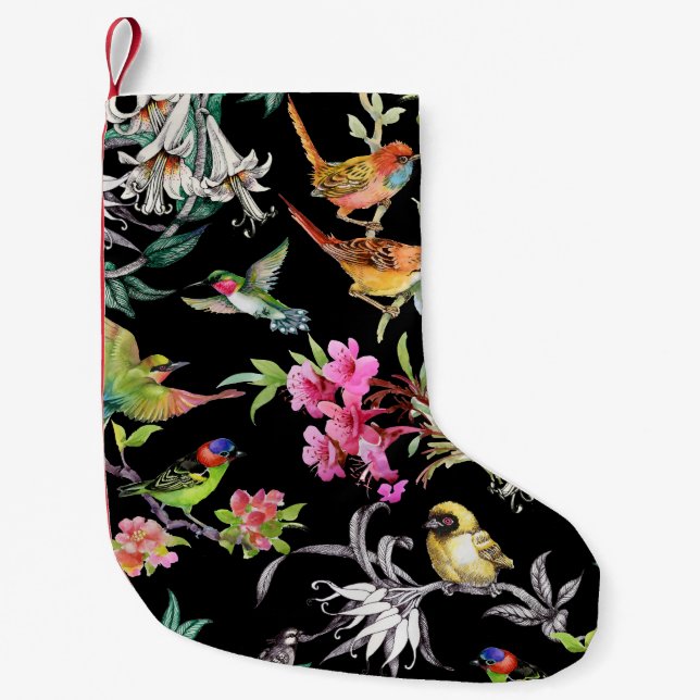 Tropical Birds Flowers: Watercolor Pattern Small Christmas Stocking (Front)