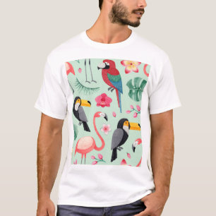 Tropical birds, flowers, watercolor pattern. T-Shirt
