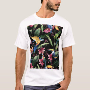 Tropical birds, flowers: watercolor pattern. T-Shirt