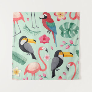 Tropical birds, flowers, watercolor pattern. tapestry