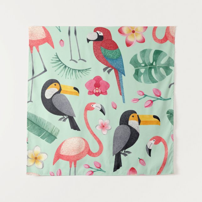 Tropical birds, flowers, watercolor pattern. tapestry (Front)