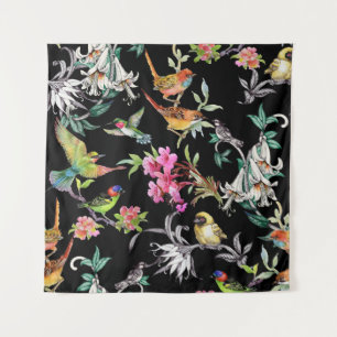 Tropical Birds Flowers: Watercolor Pattern Tapestry