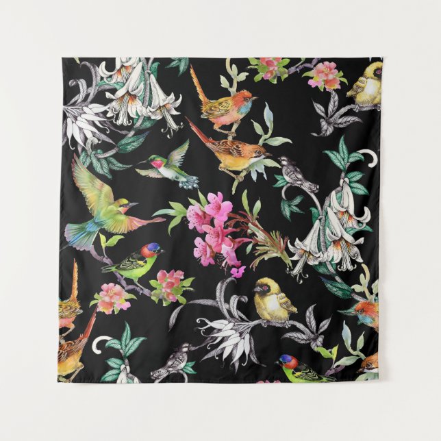 Tropical Birds Flowers: Watercolor Pattern Tapestry (Front)