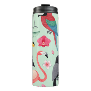 Tropical birds, flowers, watercolor pattern. thermal tumbler