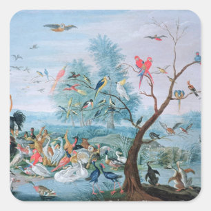 Tropical birds in a landscape square sticker