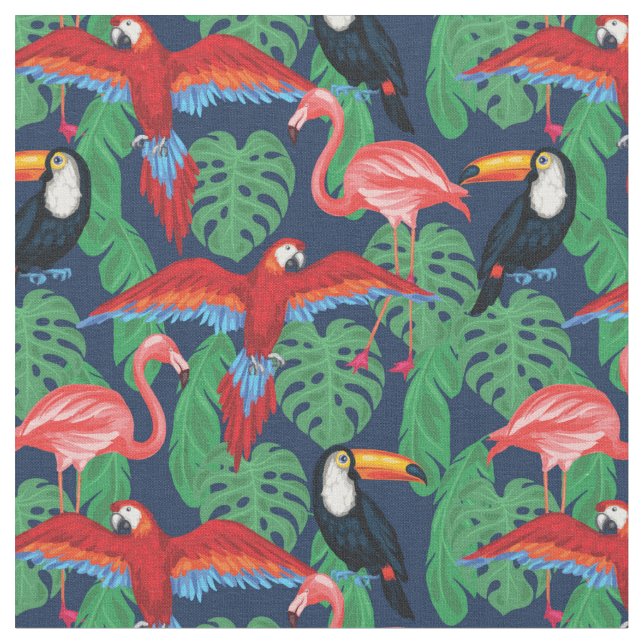 Tropical Birds In Bright Colours Fabric (Close Up)