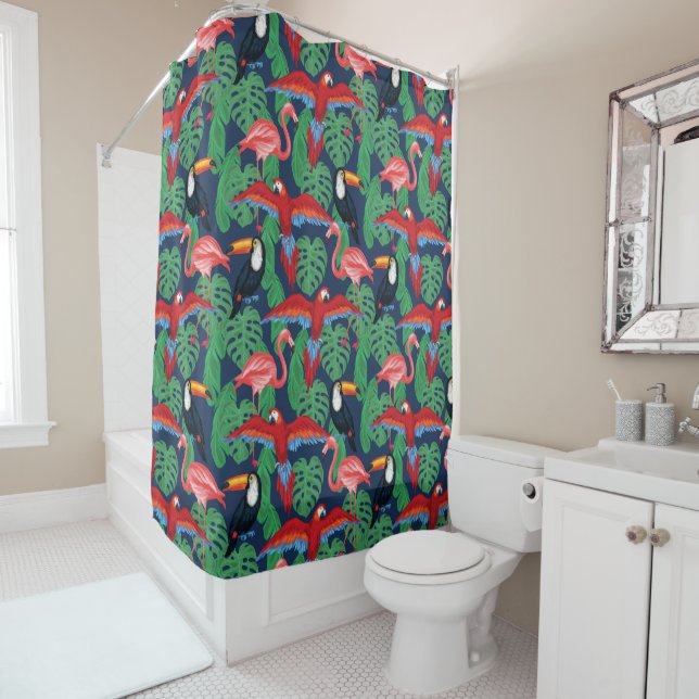 Tropical Birds In Bright Colours Shower Curtain (In Situ)