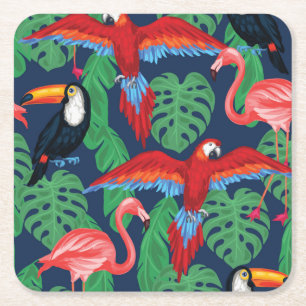 Tropical Birds In Bright Colours Square Paper Coaster
