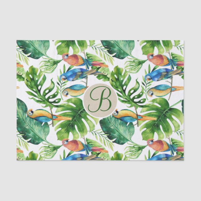 Tropical Birds Leaves Chic Monogram Letter Initial Tissue Paper (Front)