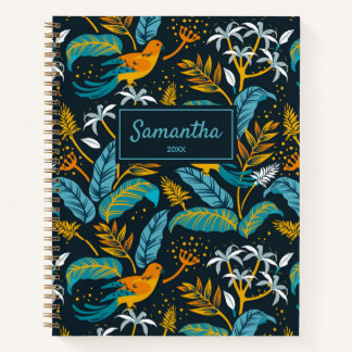 Tropical Birds & Nature Pattern, Yellow & Blue Notebook