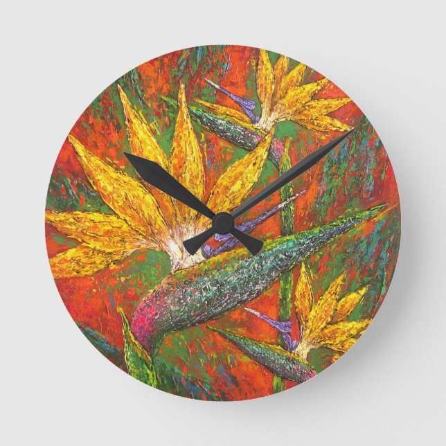 Tropical Birds Of Paradise Flowers Painting Art Round Clock (Front)