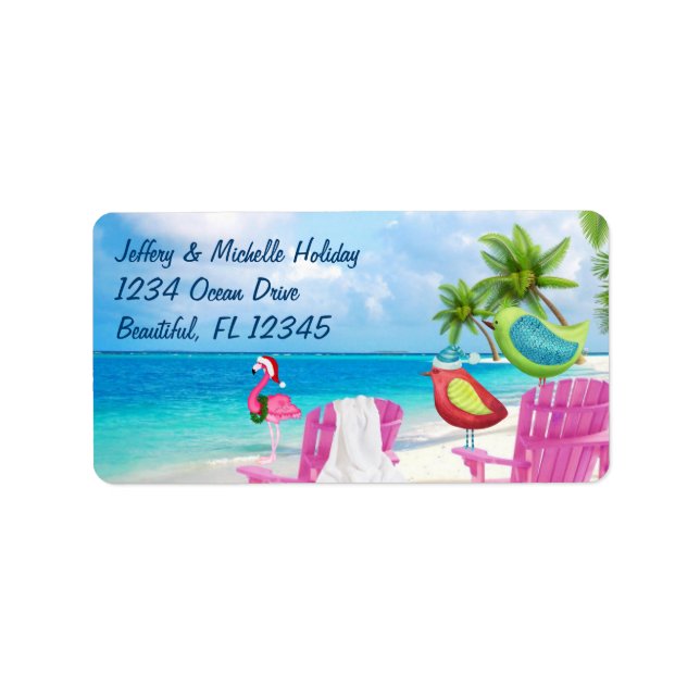 Tropical Birds, Palm Trees Christmas Beach Address Label (Front)