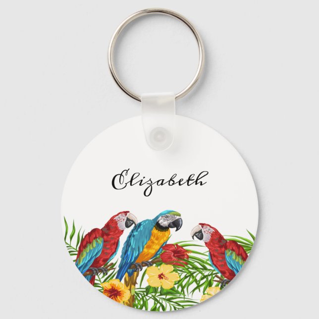 Tropical birds parrots blue red palm leaves name key ring (Front)