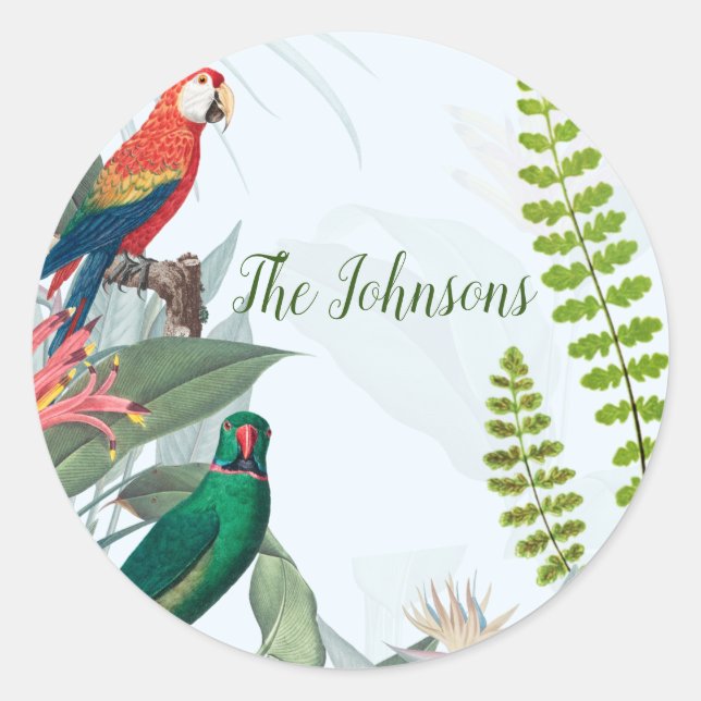Tropical Birds Parrots & Foliage Classic Round Sticker (Front)