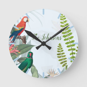 Tropical Birds Parrots & Foliage  Round Clock