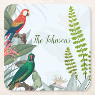 Tropical Birds Parrots & Foliage Square Paper Coaster