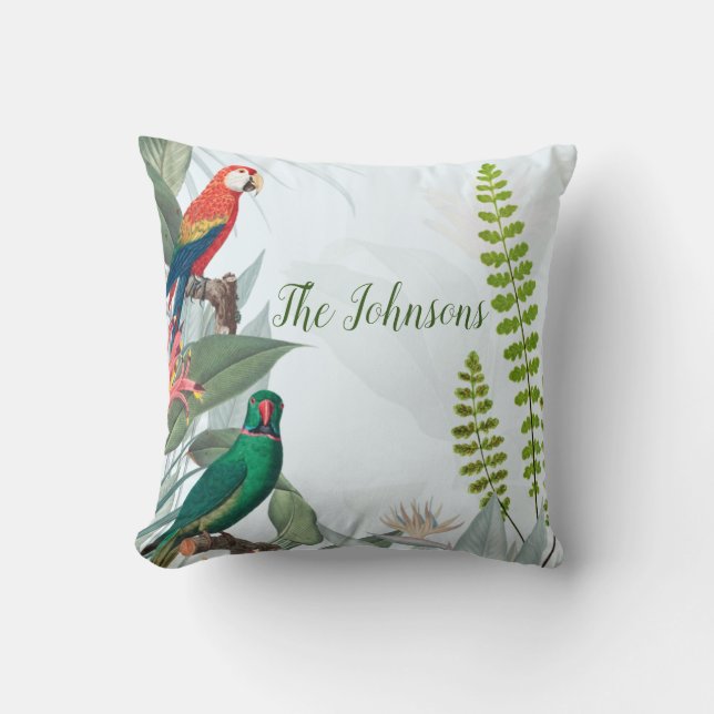 Tropical Birds Parrots & Foliage Throw Pillow (Front)