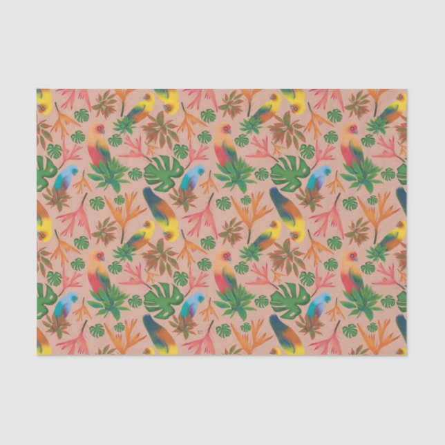 Tropical Birds Pink Floral Pattern Tissue Paper (Front)