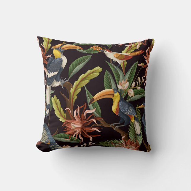 Tropical Birds: Vintage Leaves & Flowers Cushion (Front)