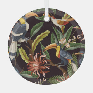 Tropical Birds: Vintage Leaves & Flowers Glass Tree Decoration