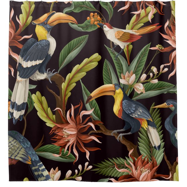 Tropical Birds: Vintage Leaves & Flowers Shower Curtain (Front)